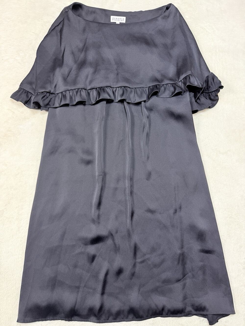 Claudie Pierlot Paris Black Ruffle Satin Dress Sz 36 Sz S French Girl Chic Party